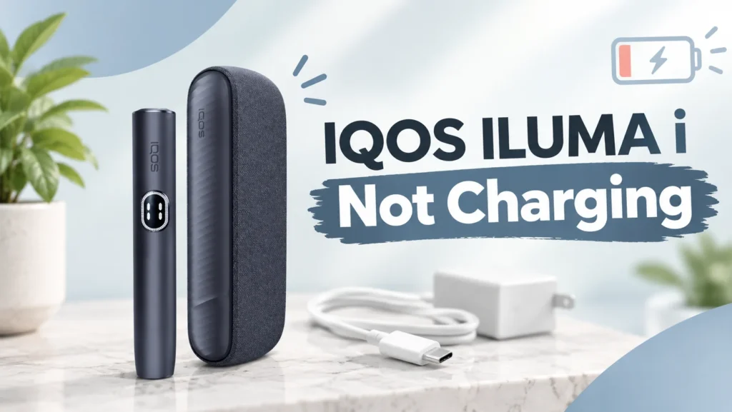 IQOS ILUMA i not charging troubleshooting thumbnail featuring a black device, charging case, USB-C cable, and power adapter on a marble surface.