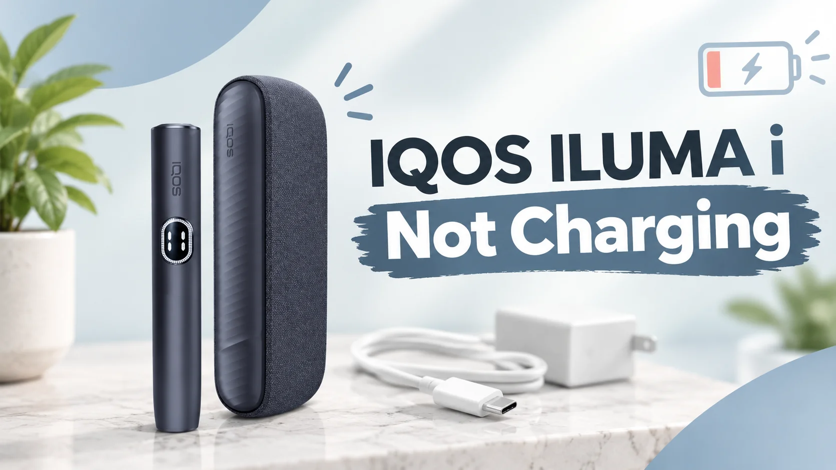 IQOS ILUMA i not charging troubleshooting thumbnail featuring a black device, charging case, USB-C cable, and power adapter on a marble surface.