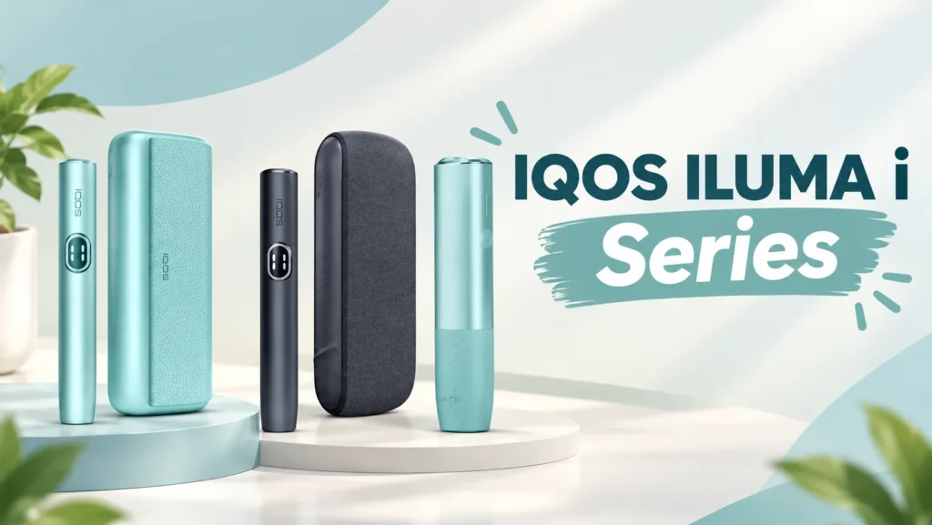 IQOS ILUMA i Series product showcase featuring mint green and black devices with matching charging cases on a clean, modern background.